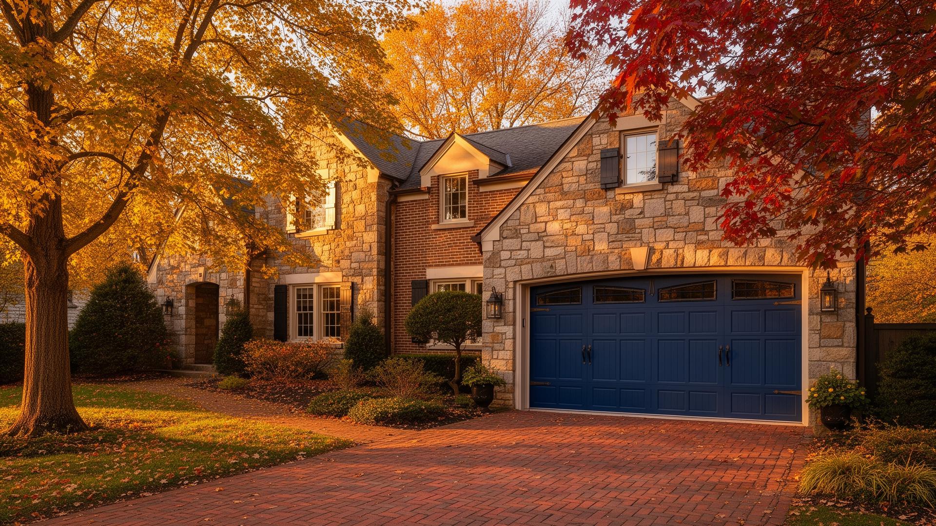 Modern Sewickley, PA home with a navy carriage-style garage door at golden hour
